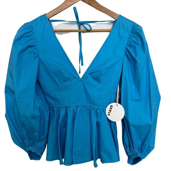 STAUD Luna Puff Sleeve Peplum Top Bright Blue Size 00 NEW WITH TAGS Retail 225 - Picture 2 of 10